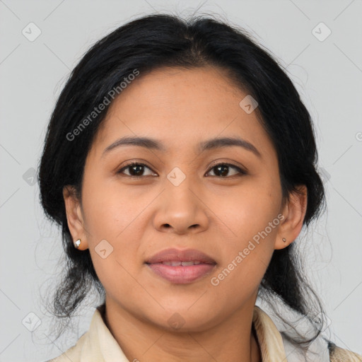 Joyful asian young-adult female with medium  black hair and brown eyes