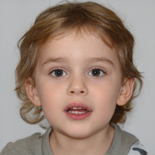 Joyful white child female with medium  brown hair and blue eyes