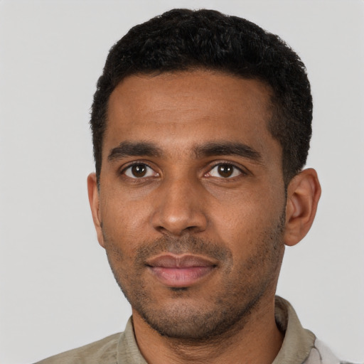 Neutral black young-adult male with short  black hair and brown eyes