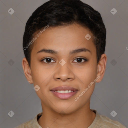 Joyful latino young-adult female with short  brown hair and brown eyes