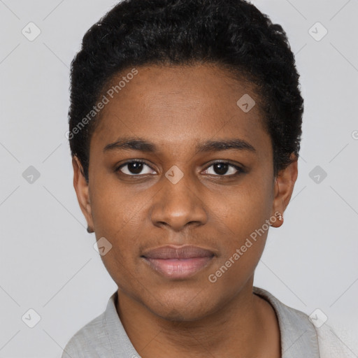 Joyful black young-adult female with short  black hair and brown eyes