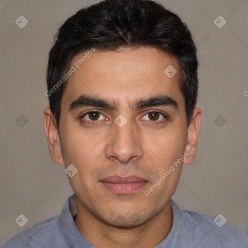 Joyful white young-adult male with short  black hair and brown eyes