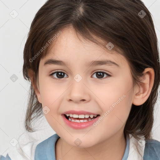 Joyful white child female with medium  brown hair and brown eyes