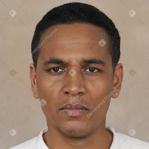 Neutral black young-adult male with short  black hair and brown eyes