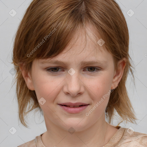 Joyful white child female with medium  brown hair and brown eyes