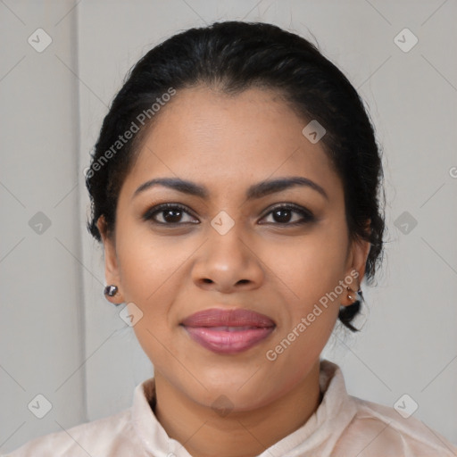 Joyful latino young-adult female with medium  brown hair and brown eyes