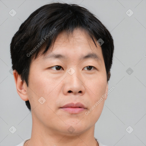 Neutral asian adult male with short  brown hair and brown eyes