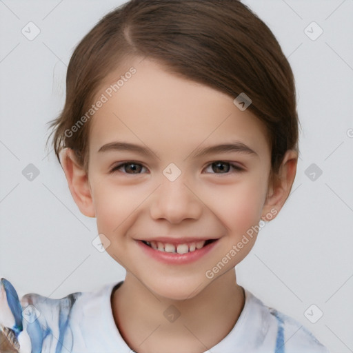 Joyful white child female with short  brown hair and brown eyes