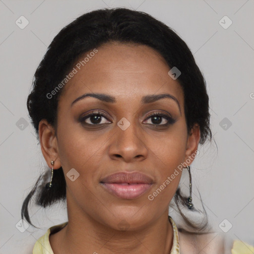 Joyful black young-adult female with medium  brown hair and brown eyes