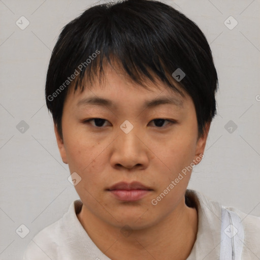 Neutral asian young-adult female with short  brown hair and brown eyes