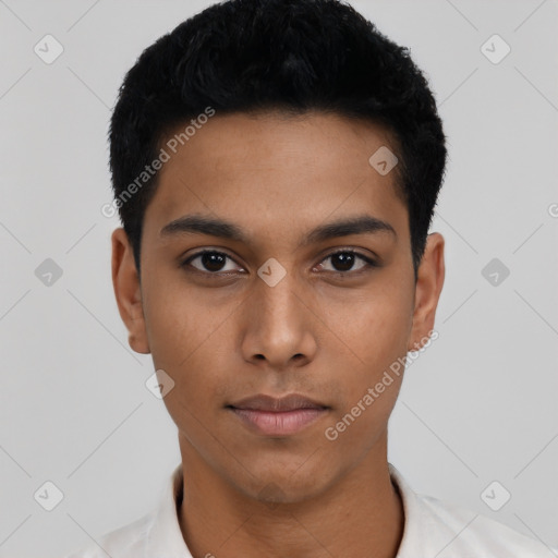 Neutral asian young-adult male with short  black hair and brown eyes