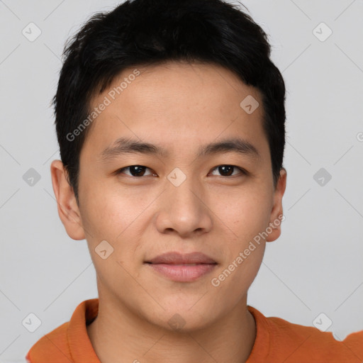 Neutral asian young-adult male with short  brown hair and brown eyes