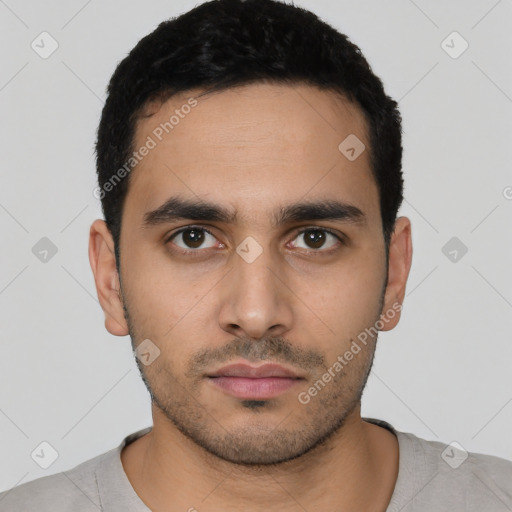 Neutral latino young-adult male with short  black hair and brown eyes