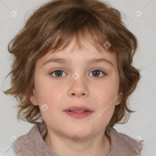 Neutral white child female with medium  brown hair and blue eyes