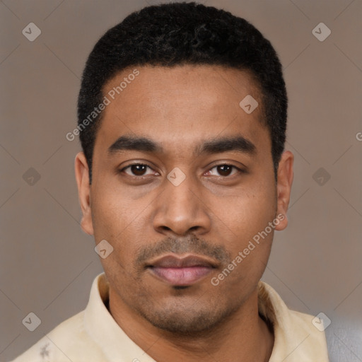 Neutral latino young-adult male with short  black hair and brown eyes