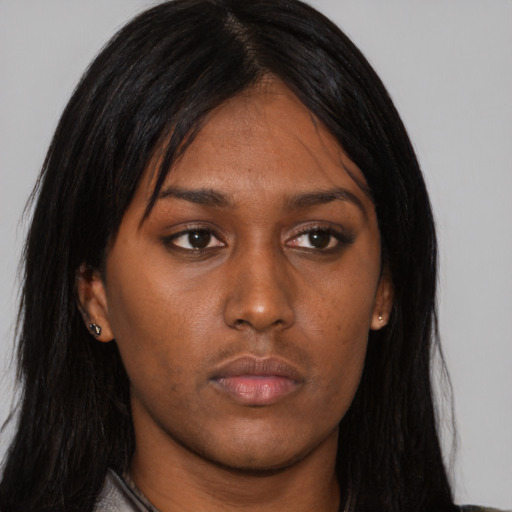 Neutral asian young-adult female with long  black hair and brown eyes