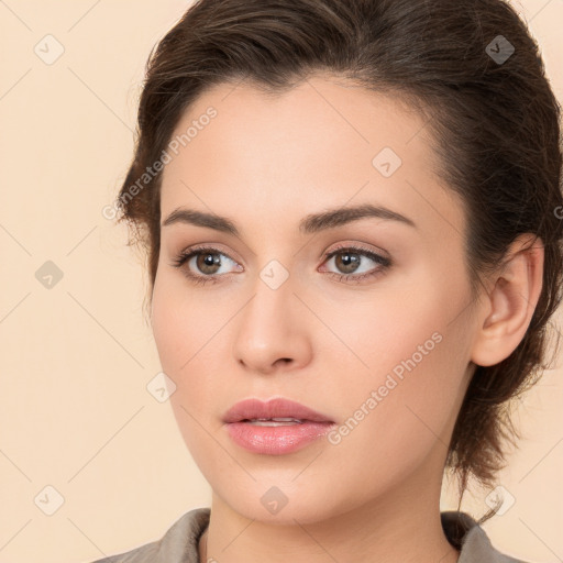 Neutral white young-adult female with medium  brown hair and brown eyes