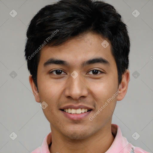 Joyful latino young-adult male with short  black hair and brown eyes