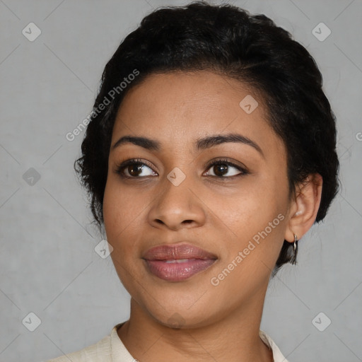 Joyful latino young-adult female with short  black hair and brown eyes