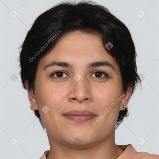 Joyful white young-adult female with short  brown hair and brown eyes