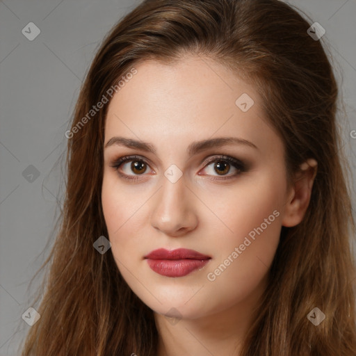 Neutral white young-adult female with long  brown hair and brown eyes