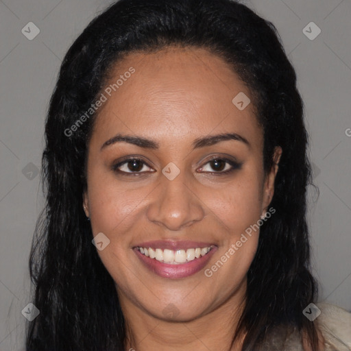 Joyful latino young-adult female with long  black hair and brown eyes