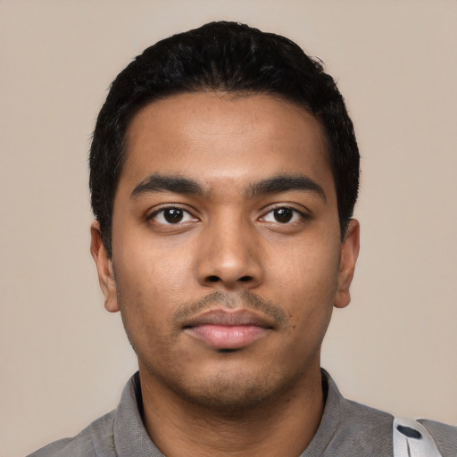 Neutral latino young-adult male with short  black hair and brown eyes