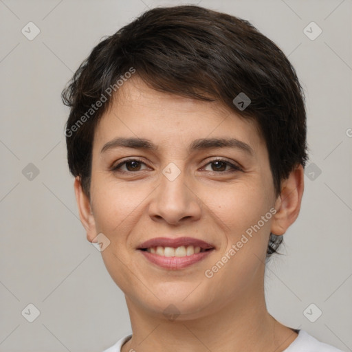 Joyful white young-adult female with short  brown hair and brown eyes