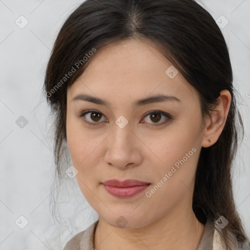 Joyful white young-adult female with medium  brown hair and brown eyes