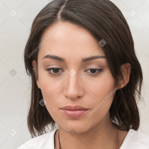 Neutral white young-adult female with medium  brown hair and brown eyes