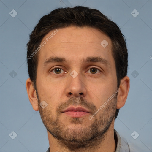 Neutral white adult male with short  brown hair and brown eyes