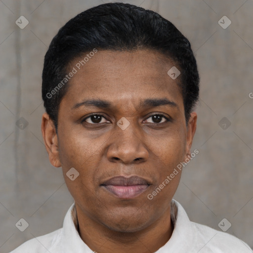 Joyful black young-adult female with short  black hair and brown eyes