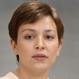 Neutral white young-adult female with short  brown hair and brown eyes