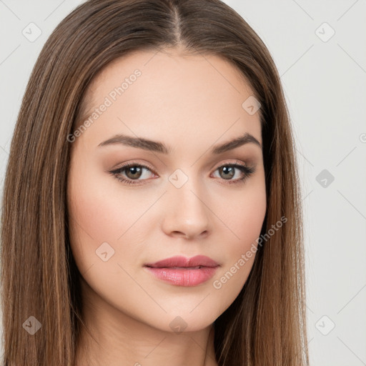 Neutral white young-adult female with long  brown hair and brown eyes