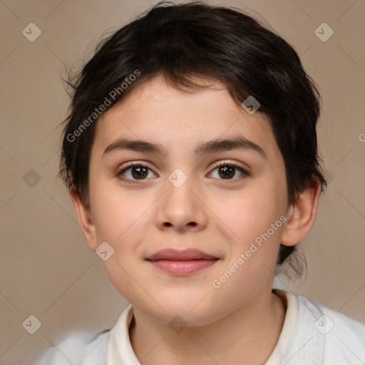 Joyful white child female with medium  brown hair and brown eyes