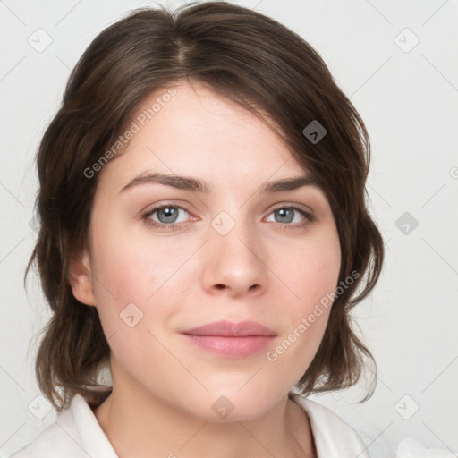 Neutral white young-adult female with medium  brown hair and brown eyes