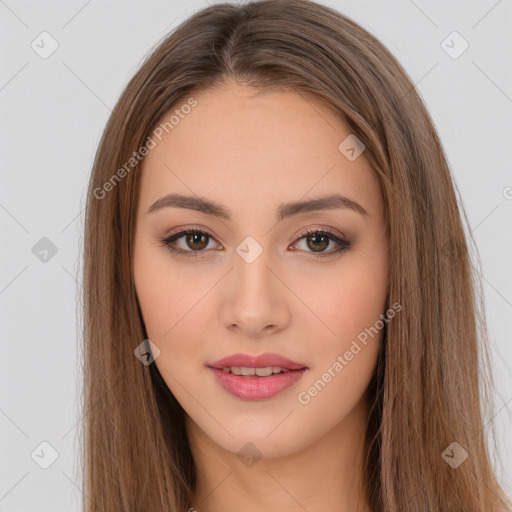 Neutral white young-adult female with long  brown hair and brown eyes