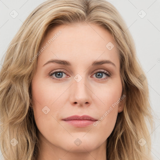 Joyful white young-adult female with long  brown hair and blue eyes