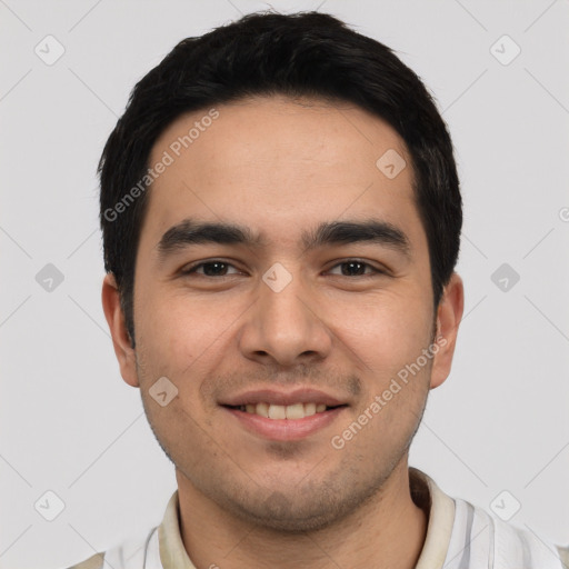 Joyful white young-adult male with short  black hair and brown eyes