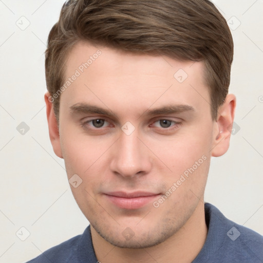 Neutral white young-adult male with short  brown hair and grey eyes