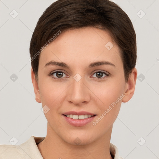 Joyful white young-adult female with short  brown hair and brown eyes