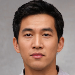 Neutral asian young-adult male with short  black hair and brown eyes