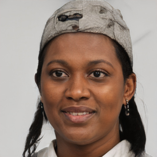 Joyful black young-adult female with medium  black hair and brown eyes