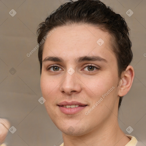 Joyful white young-adult female with short  brown hair and brown eyes