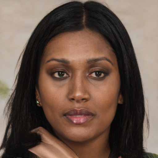 Neutral asian young-adult female with long  black hair and brown eyes