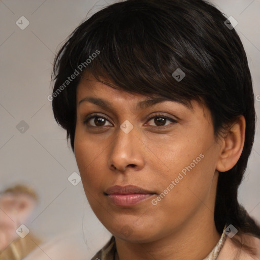 Neutral white young-adult female with medium  brown hair and brown eyes