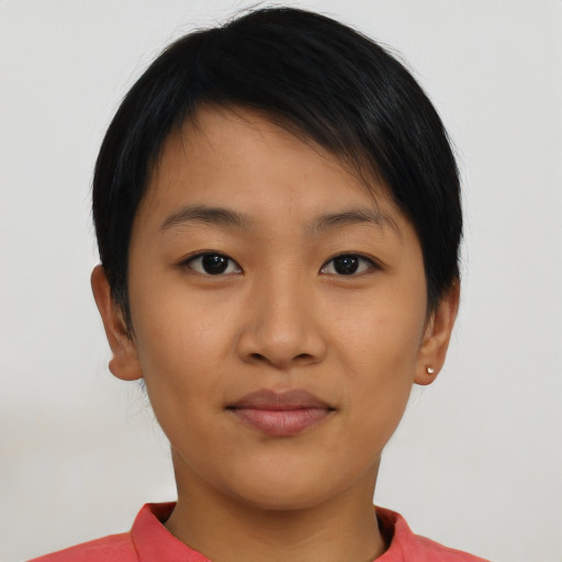 Neutral asian young-adult female with short  brown hair and brown eyes