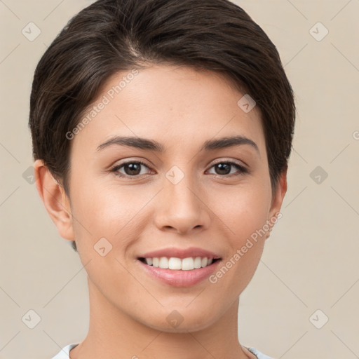 Joyful white young-adult female with short  brown hair and brown eyes