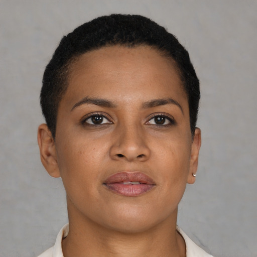 Neutral black young-adult female with short  brown hair and brown eyes