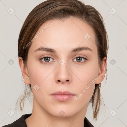 Neutral white young-adult female with medium  brown hair and grey eyes